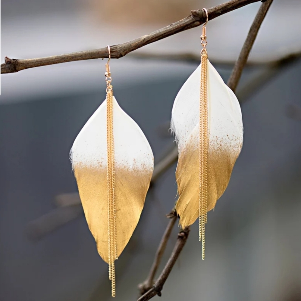Exotic Feather Dipped in Gold Long Earring
